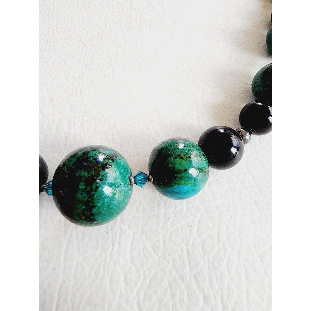 Vintage Sterling Graduated Beaded CHRYSOCOLLA ONYX Necklace - Picture 3 of 10